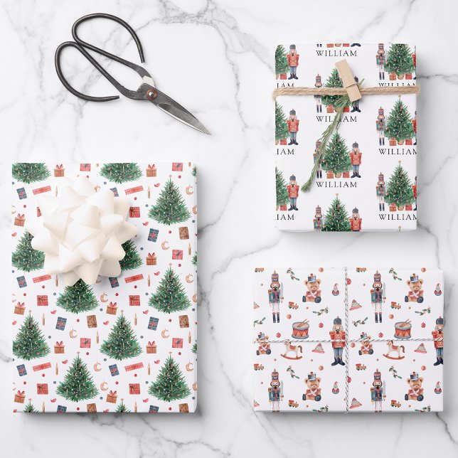 Nutcracker-Feiertagswrap Geschenkpapier Set (Holiday Nutcracker Christmas Gift Wrapping Paper with Toys Presents and Trees by Painted Paperie
)