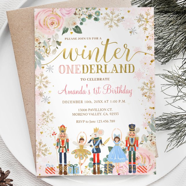 Nutcracker Pink Snowflakes Onederland Geburtstag Einladung (Von Creator hochgeladen)