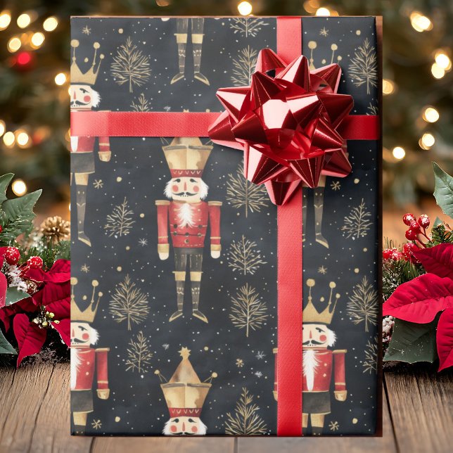 Nutcracker Watercolor Gold Red & Black Christmas Geschenkpapier (Von Creator hochgeladen)