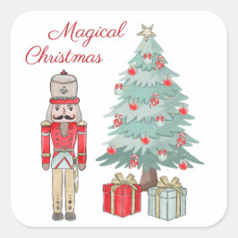 Nutcracker, Weihnachtsbaum und Geschenke Quadratischer Aufkleber