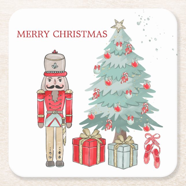 Nutcracker, Weihnachtsbaum und Geschenke Rechteckiger Pappuntersetzer (Vorderseite)