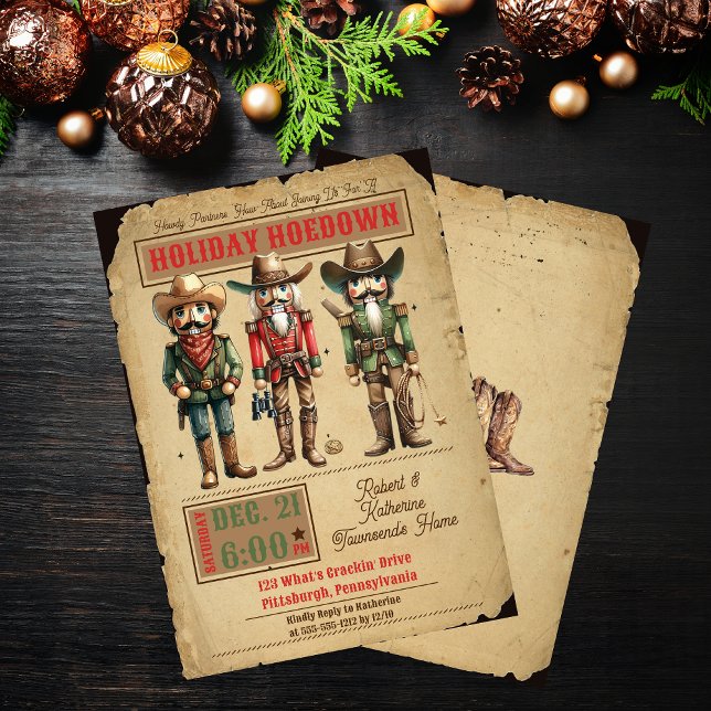 Nutcracker Western Holiday Hoedown Weihnachtsfest  Einladung (Nutcrackers Western Holiday Hoedown Rustic Christmas Party Invitation)