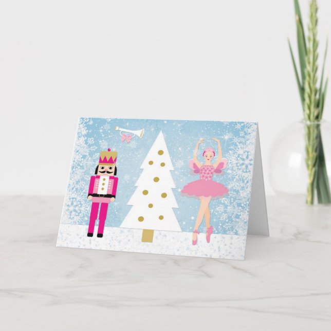 Nutcraker, Ballerina, Schneeflocken und Weihnachts Feiertagskarte (Vorderseite)