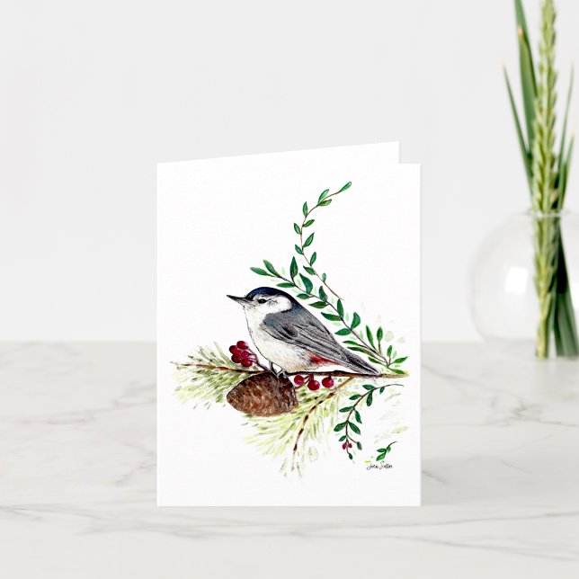 Nuthatch Beautiful Watercolor Note Card (Nuthatch Beautiful Watercolor Bird On Branch Pine Cone by Jenn Steffen Art)