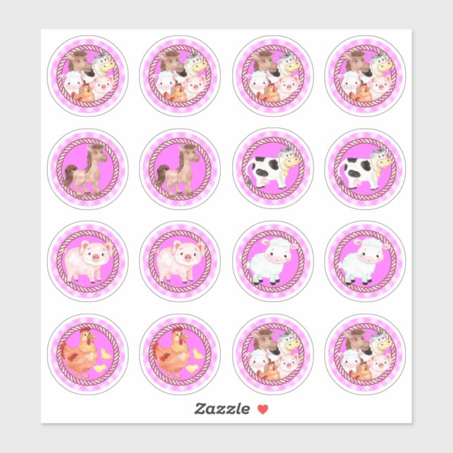 Nutztiere Set barnyard Gingham hellrosa Aufkleber (Blatt)