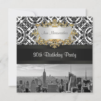 NY City Skyline BW 431 Damask Geburtstagsparty Einladung