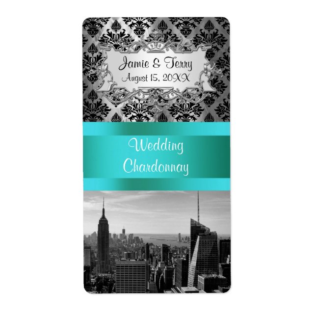 NY City Skyline BW B3 Damask F2 - Étiquette à vin (Devant)