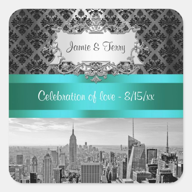 NY City Skyline BW B3 Damask Invite Suite Sticker (Vorderseite)