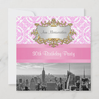 NY City Skyline BW D4P Pink Damask Geburtstagspart Einladung