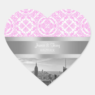 NY City Skyline BW D4P Pink Weiß Damast Herz-Aufkleber