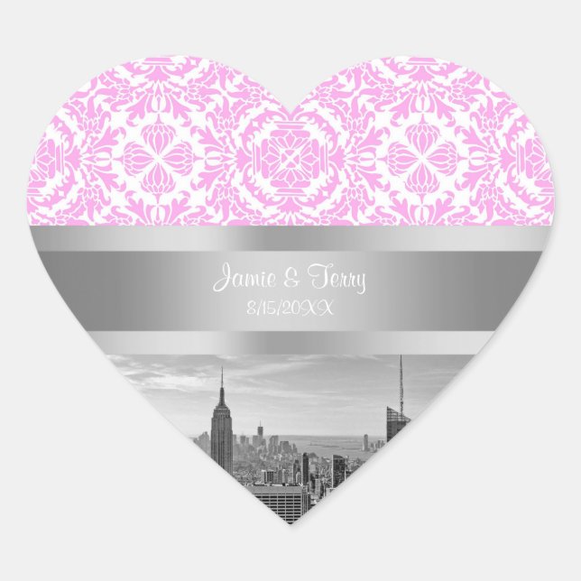 NY City Skyline BW D4P Pink White Damask Herz-Aufkleber (Vorderseite)