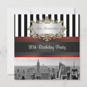 NY City Skyline BW Schwarz-weiß Stripe Geburtstag Einladung