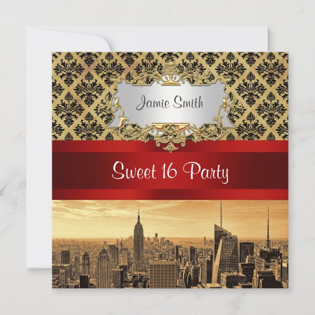 NY City Skyline Sepia B4 Damask Sweet 16 Einladung (Vorderseite)