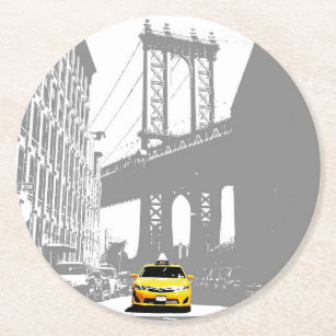 Ny Nyc New York City Brooklyn Bridge Yellow Taxi Runder Pappuntersetzer