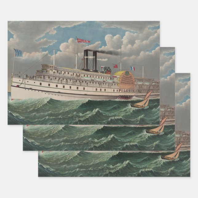 NY Voyage Grand Paddlewheel Dampfboot Pilgrim Geschenkpapier Set (Set)