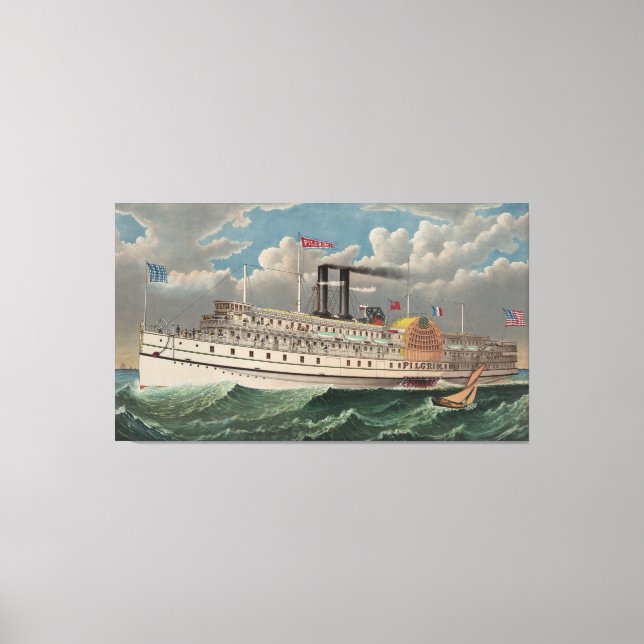 NY Voyage Grand Paddlewheel Dampfboot Pilgrim Leinwanddruck (Vorderseite)