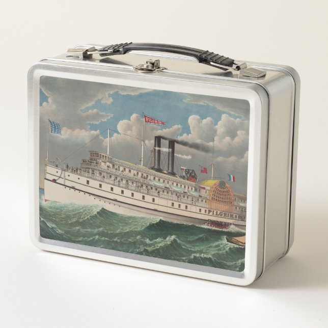 NY Voyage Grand Paddlewheel Dampfboot Pilgrim Metall Brotdose (Vorderseite)