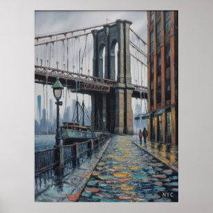 NYC Brooklyn Bridge Regentag-Wasserfront-Szene Poster