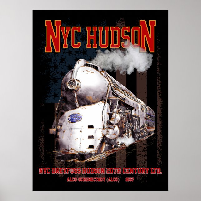 NYC Dreyfuss Hudson Locomotive. American flag Poster (Vorne)