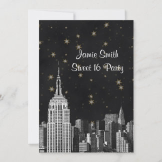 NYC ESB Skyline Etched Black Starry Sweet 16 V Einladung