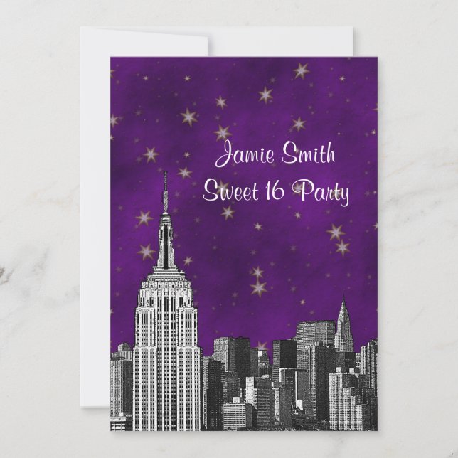 NYC ESB Skyline Etched Lila Starry Sweet 16 V Einladung (Vorderseite)