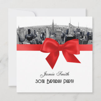 NYC Etched Fisheye Skyline BW Red Birthday SQ Einladung
