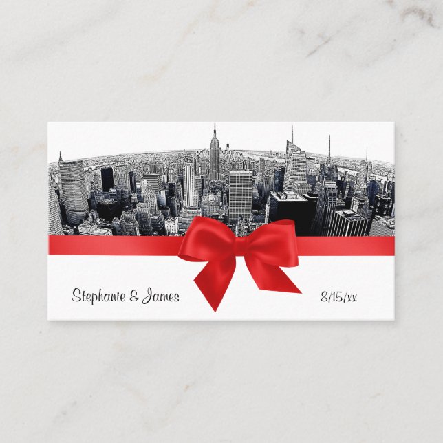 NYC Etched Fisheye Skyline BW Red Escort Cards Platzkarte (Vorderseite)