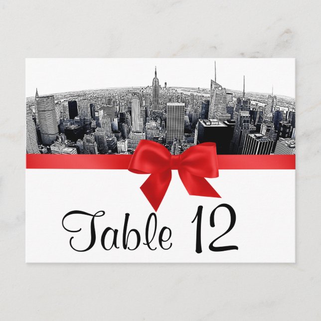 NYC Etched Fisheye Skyline BW Red Tischnummer (Vorderseite)