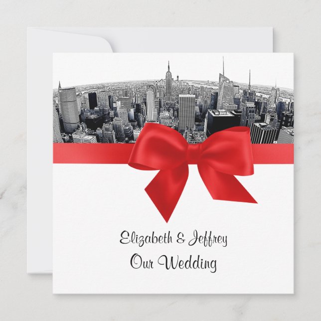 NYC Etched Fisheye Skyline BW Red Wedding SQ Einladung (Vorderseite)