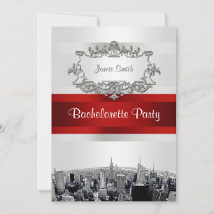 NYC Etched Skyline 2, White, Red Rbn Bachelorette Einladung