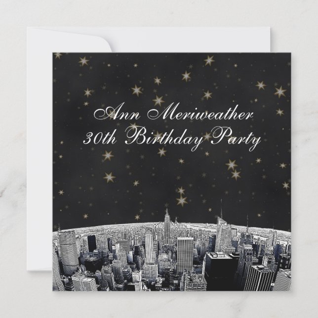 NYC Etched Skyline Black Gold Stars Geburtstag Einladung (Vorderseite)