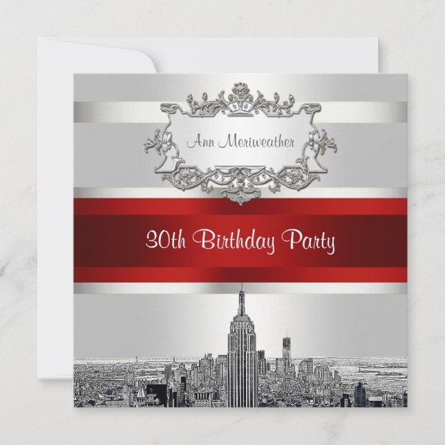 NYC Etched Skyline, White BG, Red Ribbon Geburtsta Einladung (Vorderseite)