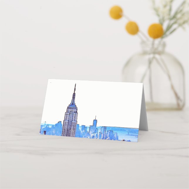 NYC farbenfrohe Skyline #2 Etched Look Escort Card Platzkarte (Vorderseite)