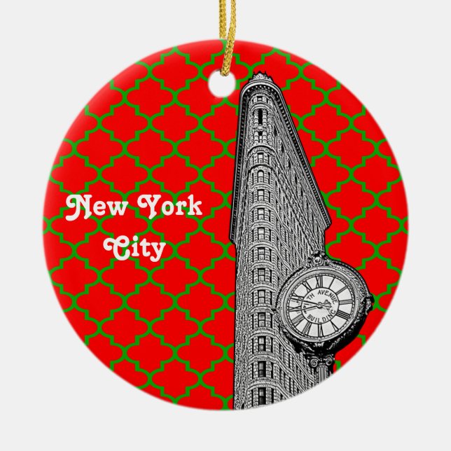 NYC Flatiron Gebäude Red Grn Quarto Xmas Keramikornament (Vorne)