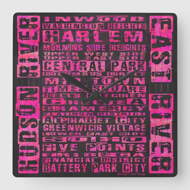 NYC-Nachbarschaften in heißen Rosa Quadratische Wanduhr (Vorderseite)