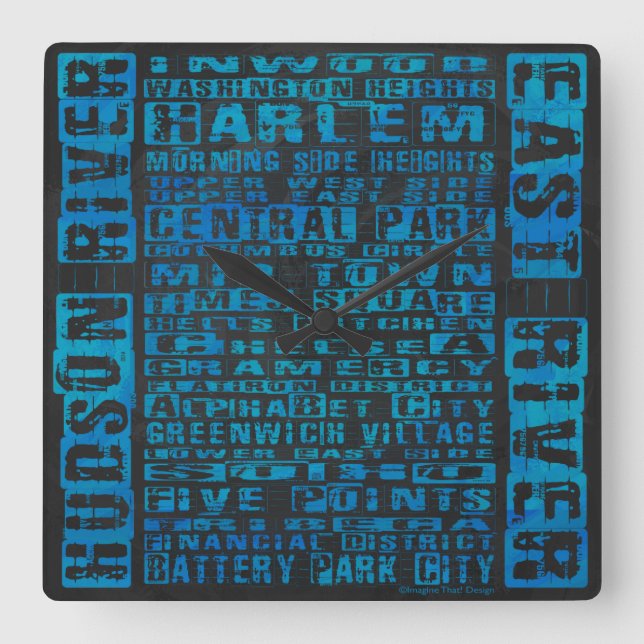 NYC Neighborhoods Blue Quadratische Wanduhr (Vorderseite)