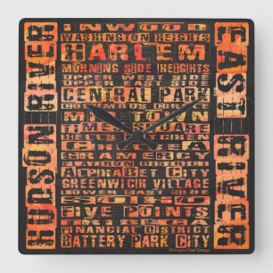 NYC Neighborhoods Orange Quadratische Wanduhr