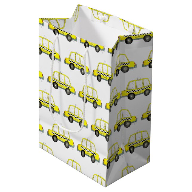 NYC New York City Checkered Yellow Taxi Mittlere Geschenktüte (Vorderseite Schrägansicht)