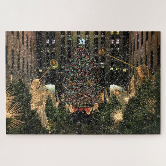 NYC Rockefeller Center Xmas Tree Falling Snow (Horizontal)