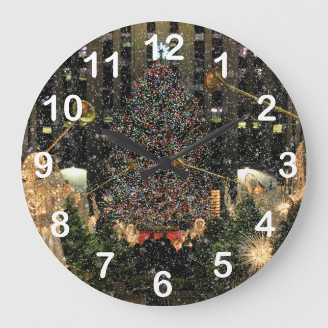 NYC Rockefeller Center Xmas Tree Falling Snow Große Wanduhr (Vorderseite)