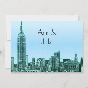 NYC Skyline 01 Aquamarin Etched Wedding Einladung 
