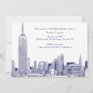 NYC Skyline 01 Etched What Birthday Party Blue Einladung