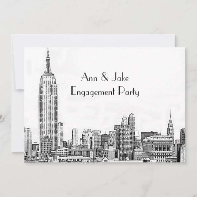NYC Skyline 01 Etched Wht Engagement Party Einladung (Vorderseite)
