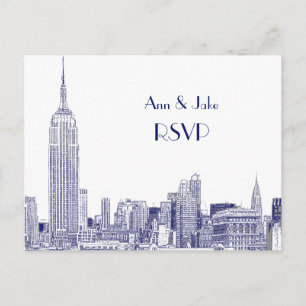 NYC Skyline 01 Geätzt Weiß RSVP 1Blau Einladungspostkarte