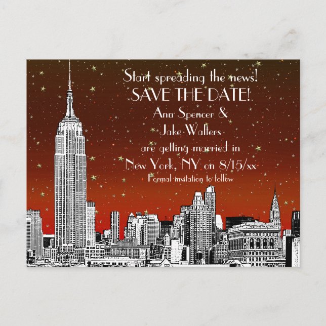 NYC Skyline 01 Save the Date Rote Sterne Ankündigungspostkarte (Vorderseite)