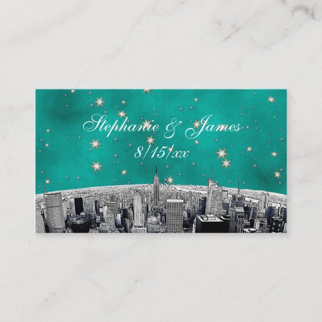 NYC Skyline 2 Aquamarine Gold Star Escortkarten Platzkarte (Vorderseite)
