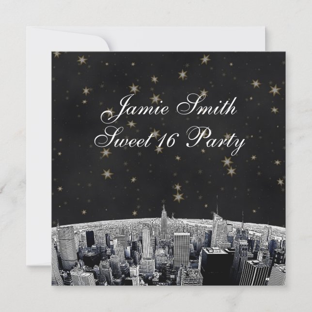 NYC Skyline 2 Black Gold Star Sweet 16 Einladung (Vorderseite)