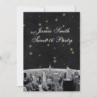 NYC Skyline 2 Black Gold Star Sweet 16 V Einladung
