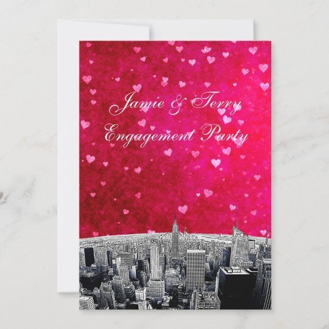 NYC Skyline #2 Pink Red Heart Verlobung V Einladung (Vorderseite)