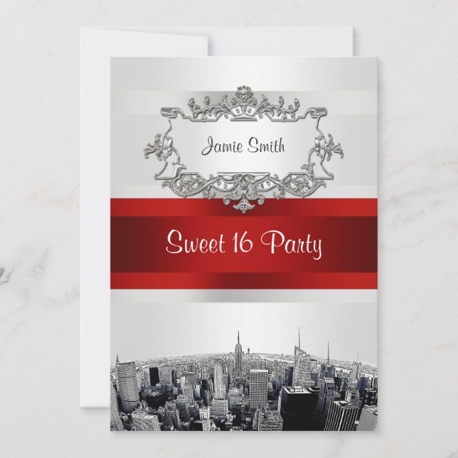 NYC Skyline 2 White, Red Ribbon Sweet 16 Einladung (Vorderseite)